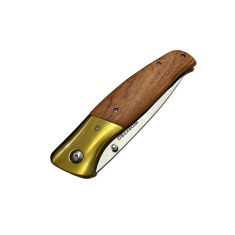 Dao gấp cao cấp kiểu quân đội Workpro, lưỡi dao bằng thép không ghỉ, cán gỗ bọc họp kim