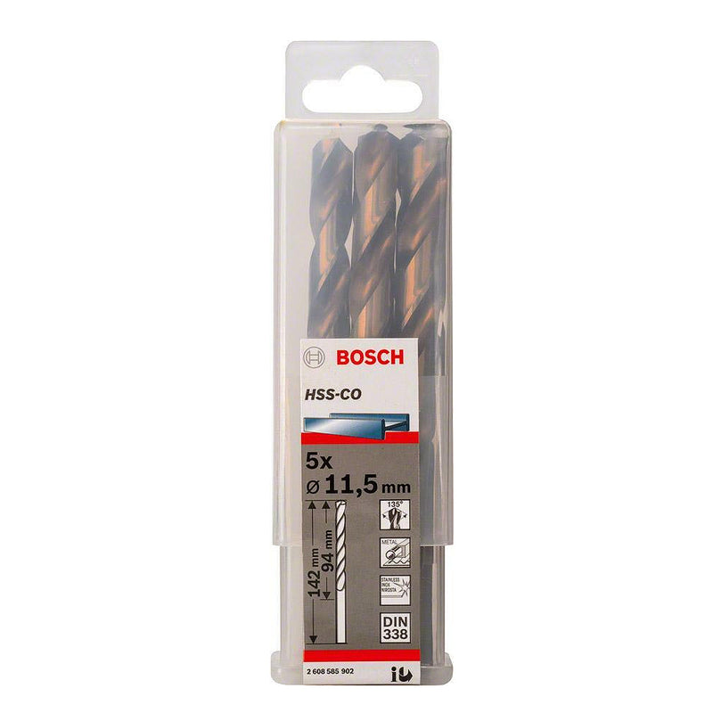 Hộp 5 mũi khoan Inox HSS-Co Bosch đường kính mũi từ 8mm - 13mm, đuôi trơn (Tiêu chuẩn DIN 338)