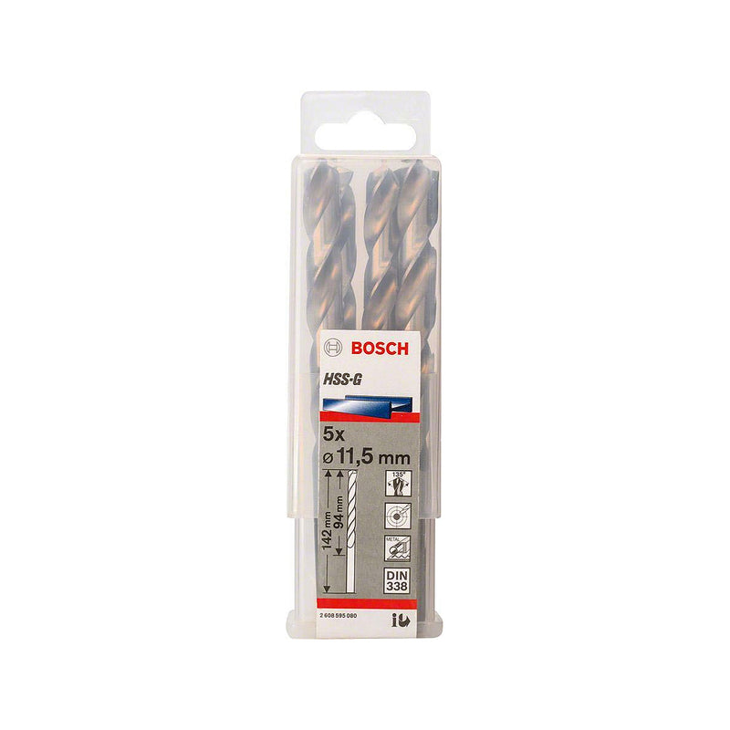 Hộp 5 mũi khoan sắt HSS-G Bosch đường kính mũi từ 8mm - 13mm, đuôi trơn (Tiêu chuẩn DIN 338)