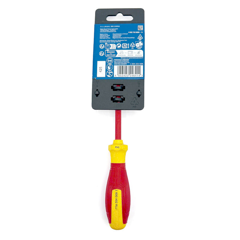 Tua vít bake PH1 x 100mm cách điện 1000V chuẩn VDE Bosch 1600A02NB8 thiết kế công thái học, vật liệu thép S2