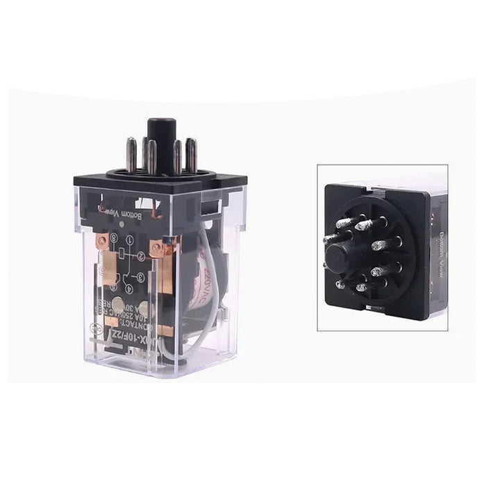 Rờ le kiếng chân tròn Chint JQX-10F Series. Kiểu ghim chân đế.  Tải danh định 10A, Điện áp cuộn coil dãi rộng 6V ~ 380V AC/DC. Tiêu chuẩn CE, UL