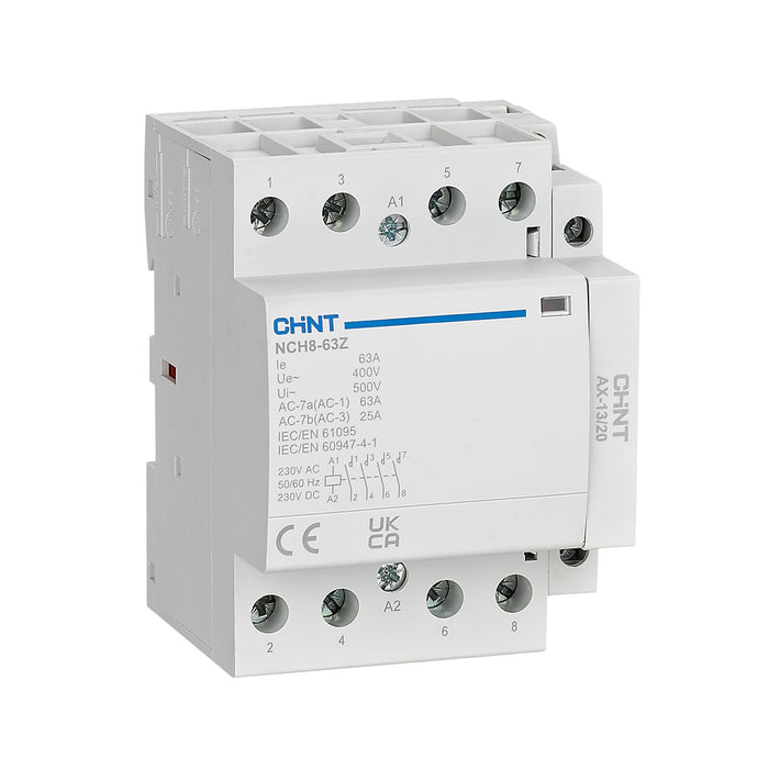 Khởi động từ thân mỏng Chint NCH8 series, tải danh định từ 20A ~ 63A, dòng coil khởi động 230V/AC. Tiêu chuẩn quốc tế