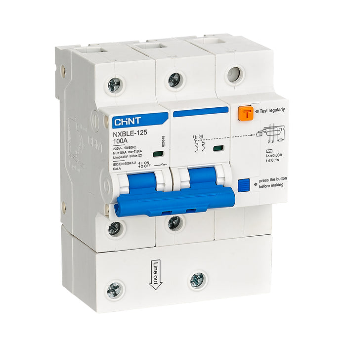 Cầu dao chống giật kết hợp với bảo vệ quá tải, ngắn mạch Chint NXBLE-125 series, tải định mức từ 63A ~ 125A, dòng cắt 10kA, dòng rò từ 30mA ~ 300mA
