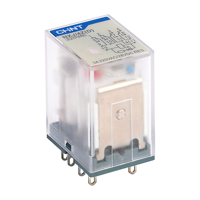 Rờ le kiếng chân dẹp Chint NXJ series. kiểu ghim vào chân đế. Có đèn báo tín hiệu. Tiêu chuẩn CE