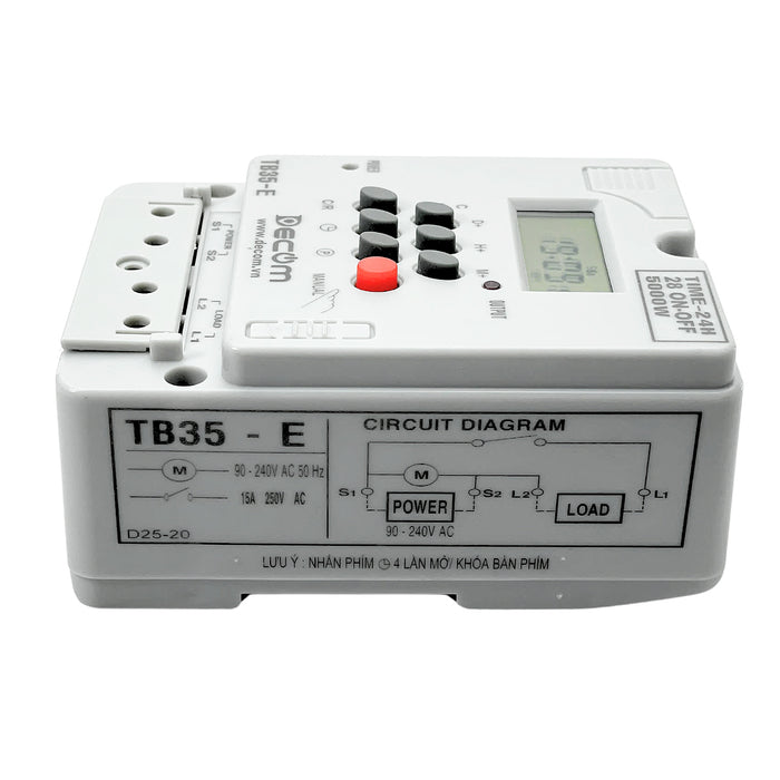 Timer hẹn giờ kỹ thuật số công suất lớn 5000W Decom TB35-E dùng cho đèn đường và mô tơ bơm nước, có 28 chế độ cài đặt On-Off