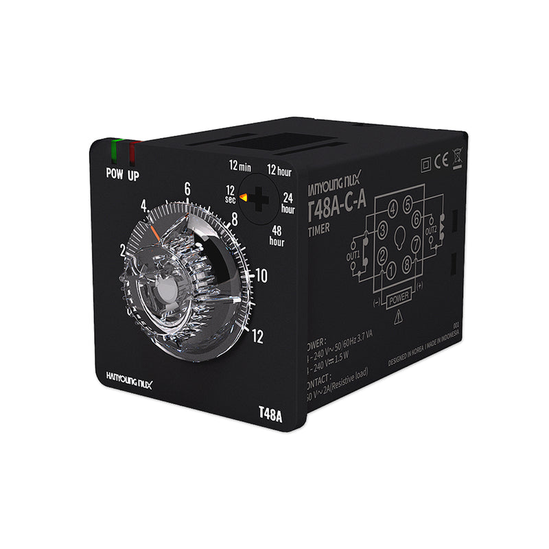 Bộ định thời gian Analog Hanyoung Nux T48A Series. Socket 8 chân tròn, 48mm x 48mm. Tiêu chuẩn CE