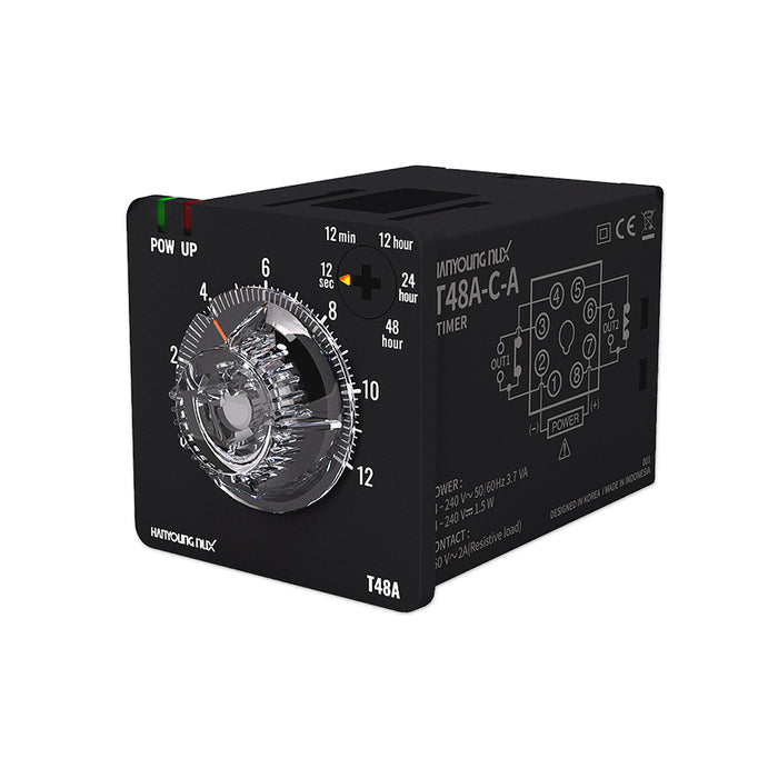 Bộ định thời gian Analog Hanyoung Nux T48A Series. Socket 8 chân tròn, 48mm x 48mm. Tiêu chuẩn CE