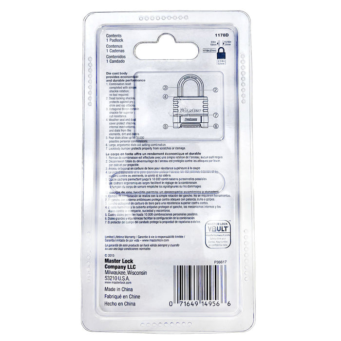 Ổ khóa số Master Lock 1178D, thân khóa đúc bằng kẽm cao cấp, 4 cọc số