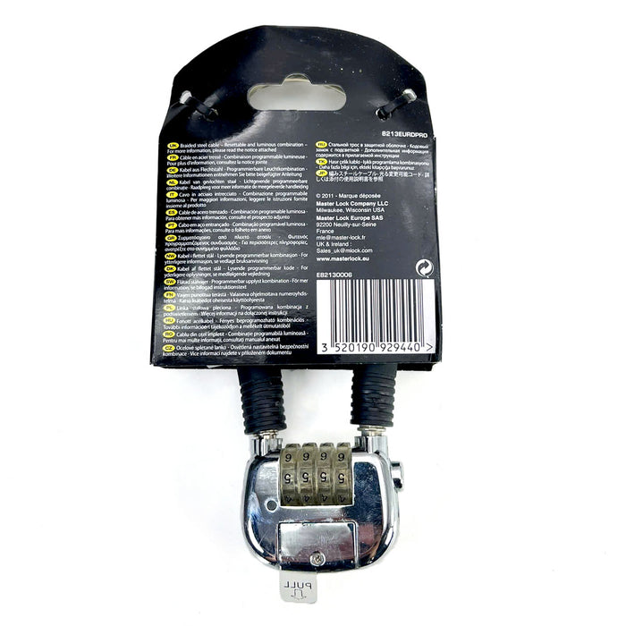 Ổ khóa dây 4 cọc số Master Lock 8213EURDPRO, dây khóa bằng sợi cáp thép cứng được bọc nhựa vinyl nhiều màu dài 60cm, có đèn sáng tại cọc số khi mở