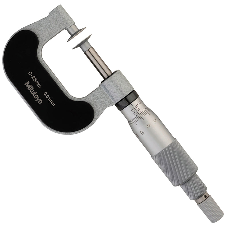 Panme Mitutoyo 169-101-10 đo độ dày giấy, vải, màng film 0-25mm, trục đo không xoay, đầu đo phẳng lớn, có bánh cóc