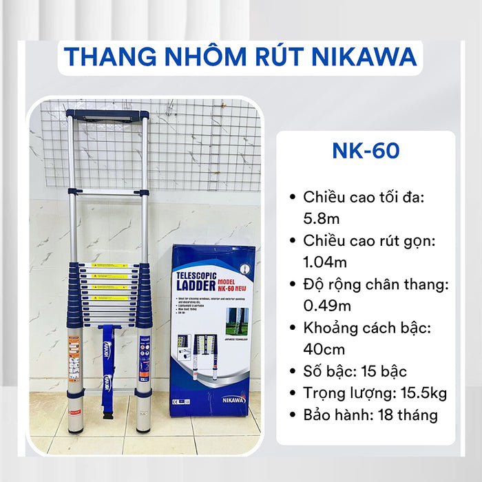 Thang nhôm rút đơn Nikawa NK, chiều cao tối đa từ 3.2m ~ 5.8m, số bậc thang từ 11 bậc ~ 15 bậc