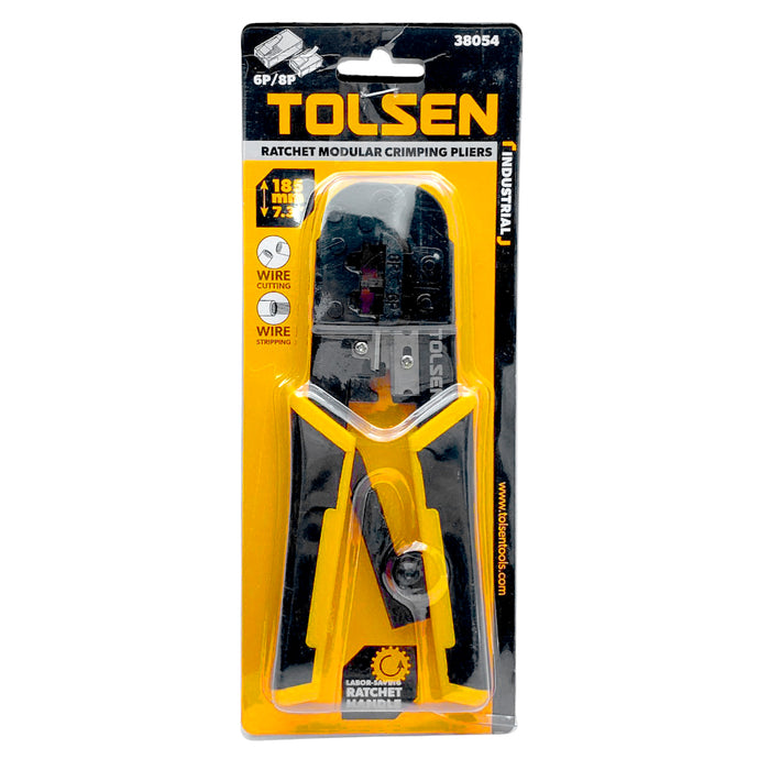 Kìm bấm line công nghiệp 185mm/7.3 inch (8P/6P) TOLSEN 38054, khung thép cứng, mạ đen, tay cầm nhựa PP/TPR