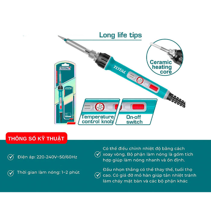 Mỏ hàn chì Total công suất từ 70W - 90W, có thể điều chỉnh nhiệt độ