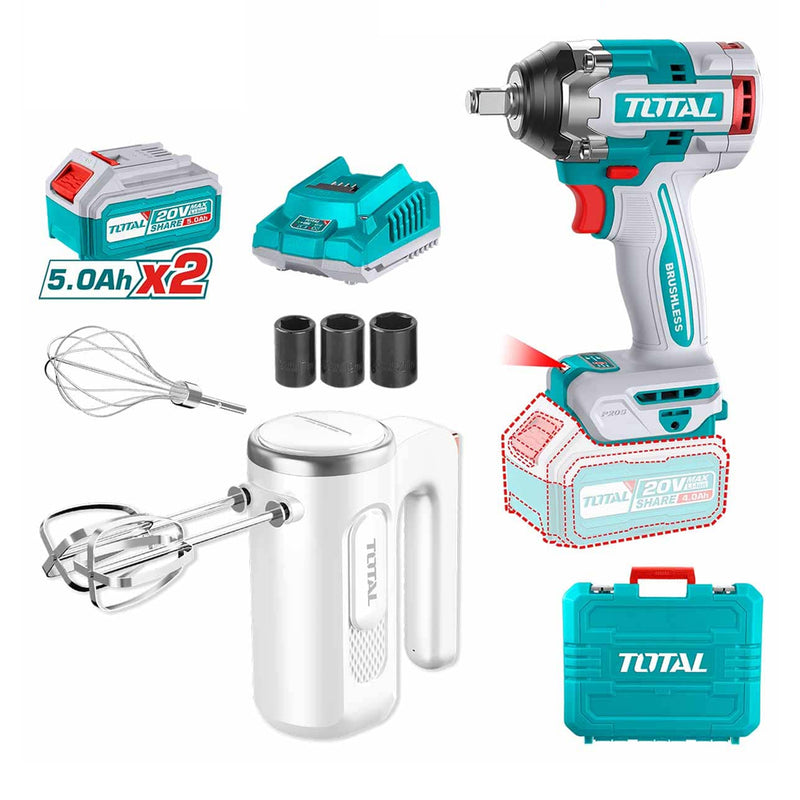 Bộ combo máy siết bu lông cốt 1/2 inch dùng Pin 20V không chổi than, kèm máy trộn cầm tay Total TOSLI240787
