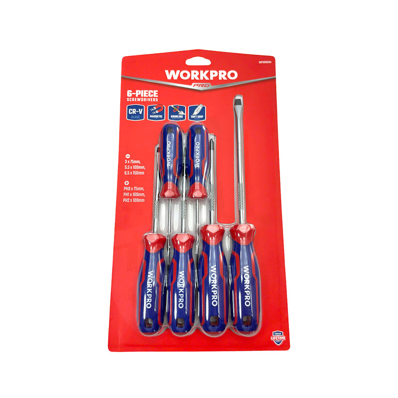 Bộ 6 cây tua vít (3 cây đầu bake, 3 cây đầu dẹp), thép CR-V mạ chrome chống gỉ, có nam châm, tay cầm bọc nhựa chống trượt Workpro WP200504