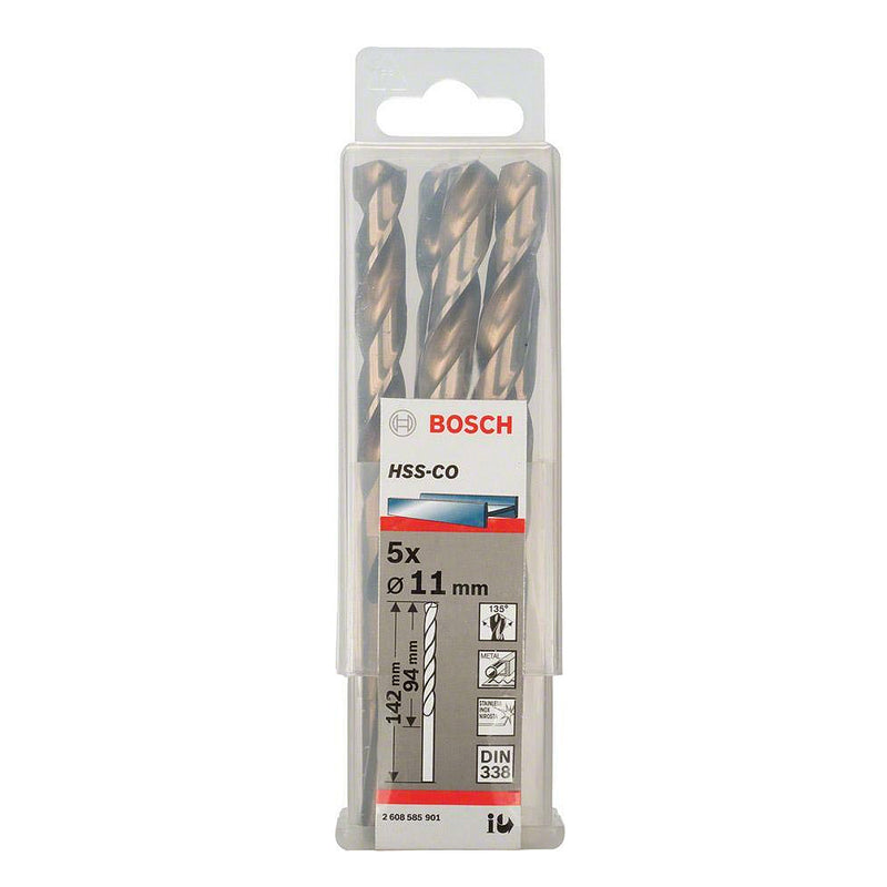 Hộp 5 mũi khoan Inox HSS-Co Bosch đường kính mũi từ 8mm - 13mm, đuôi trơn (Tiêu chuẩn DIN 338)