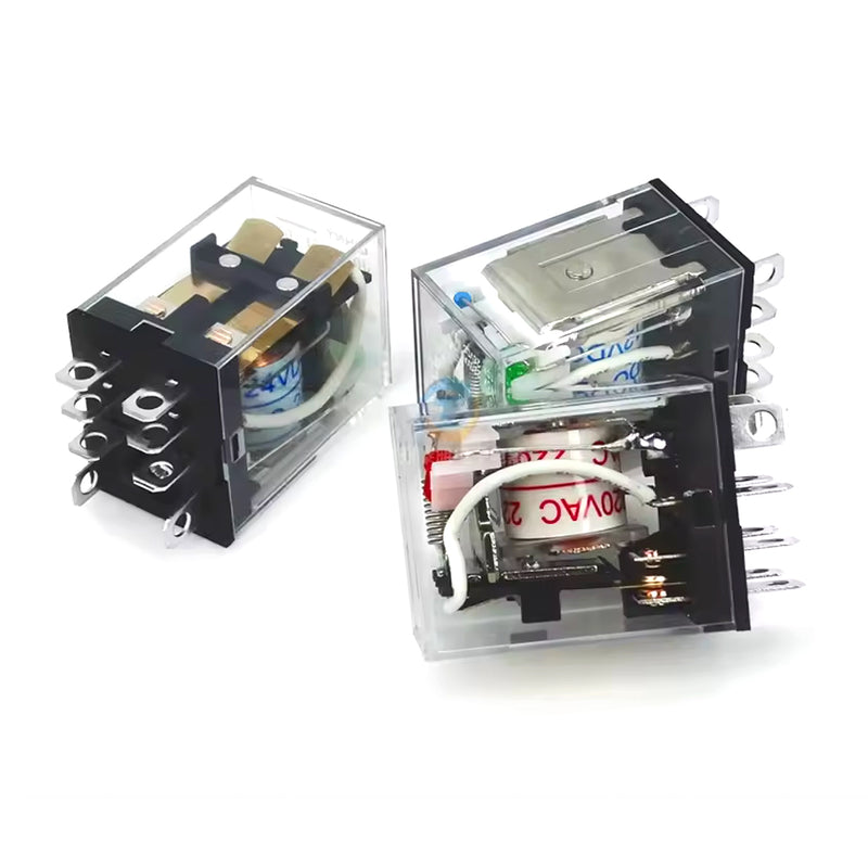 Relay kiếng chân dẹp lớn Chint JQX-13F Series. Tải danh định 10A. Dãi điện áp cuộn coil từ 6V~380V AC/DC. Kiểu ghim chân đế. Tiêu chuẩn CE, UL