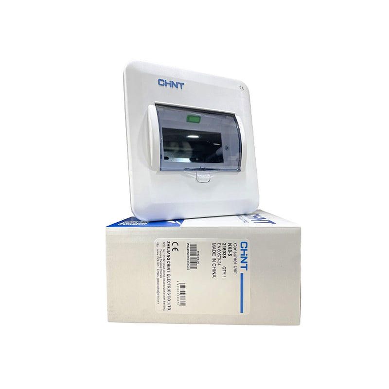 Tủ điện âm tường mặt nhựa có đèn báo Chint NX8 lắp được từ 5 ~ 24 đường (5~24 module). Tiêu chuẩn CE