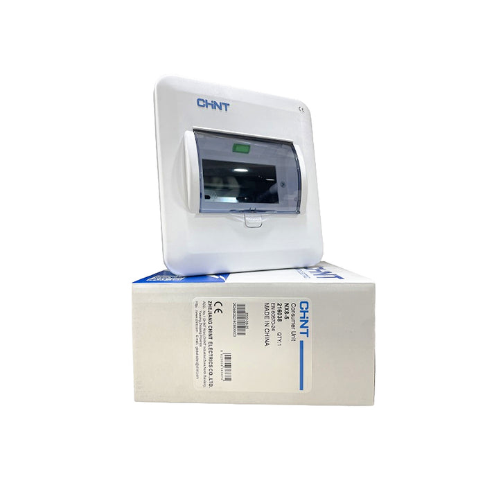 Tủ điện âm tường mặt nhựa có đèn báo Chint NX8 lắp được từ 5 ~ 24 đường (5~24 module). Tiêu chuẩn CE