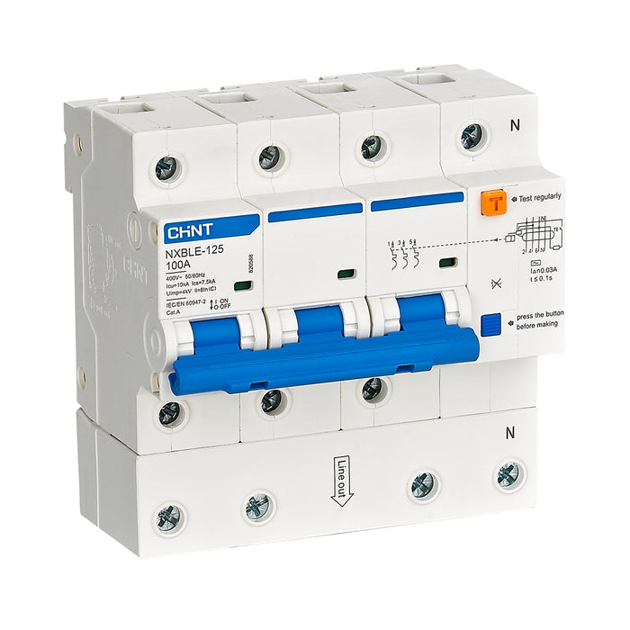 Cầu dao chống giật kết hợp với bảo vệ quá tải, ngắn mạch Chint NXBLE-125 series, tải định mức từ 63A ~ 125A, dòng cắt 10kA, dòng rò từ 30mA ~ 300mA