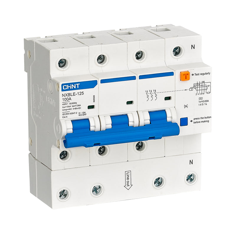 Cầu dao chống giật kết hợp với bảo vệ quá tải, ngắn mạch Chint NXBLE-125 series, tải định mức từ 63A ~ 125A, dòng cắt 10kA, dòng rò từ 30mA ~ 300mA