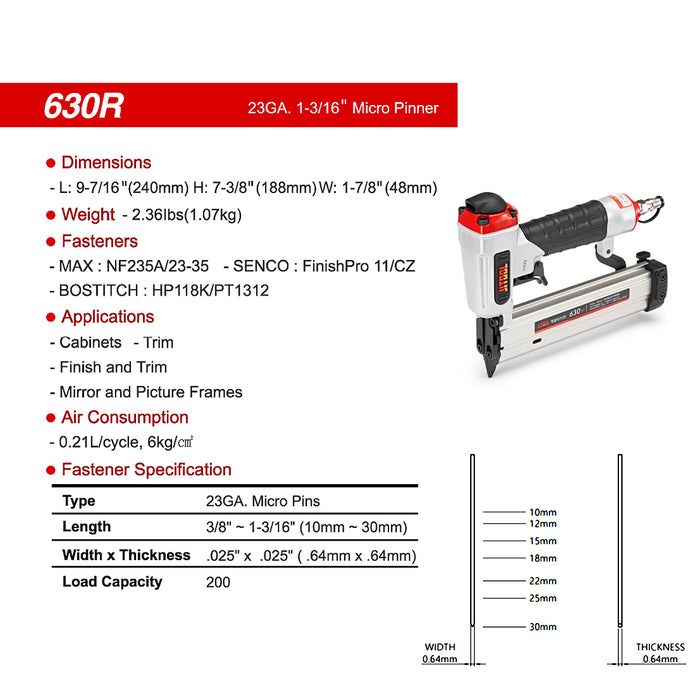 Máy bắn đinh chỉ trơn dùng khí nén JITOOL 630R, kích thước đinh 10mm - 30mm, cỡ đinh 23Ga