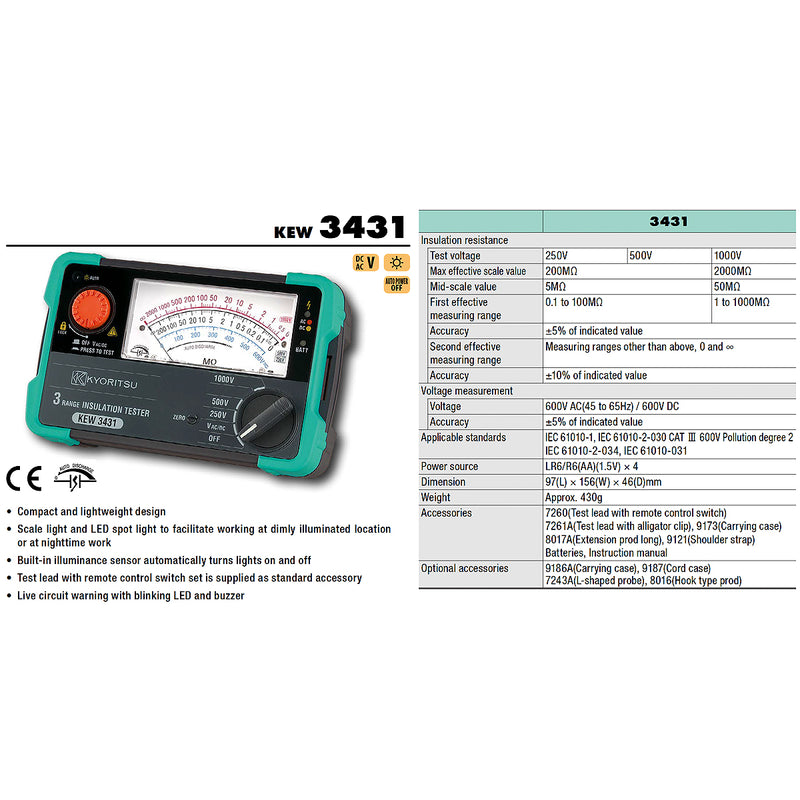 Thiết bị đo điện trở cách điện Kyoritsu Model 3431, dải đo từ 250V - 1000V