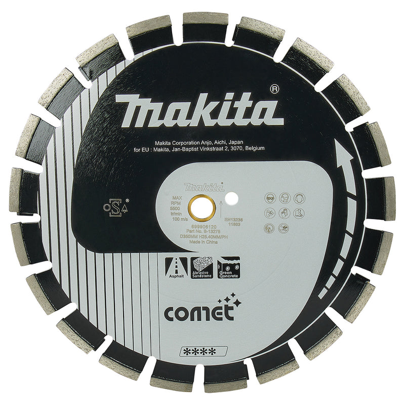 Lưỡi cắt kim cương Comet phân đoạn 350mm Makita B-13275 dùng cho nhựa đường, bê tông, lỗ cốt 25,4mm, cắt khô/ướt