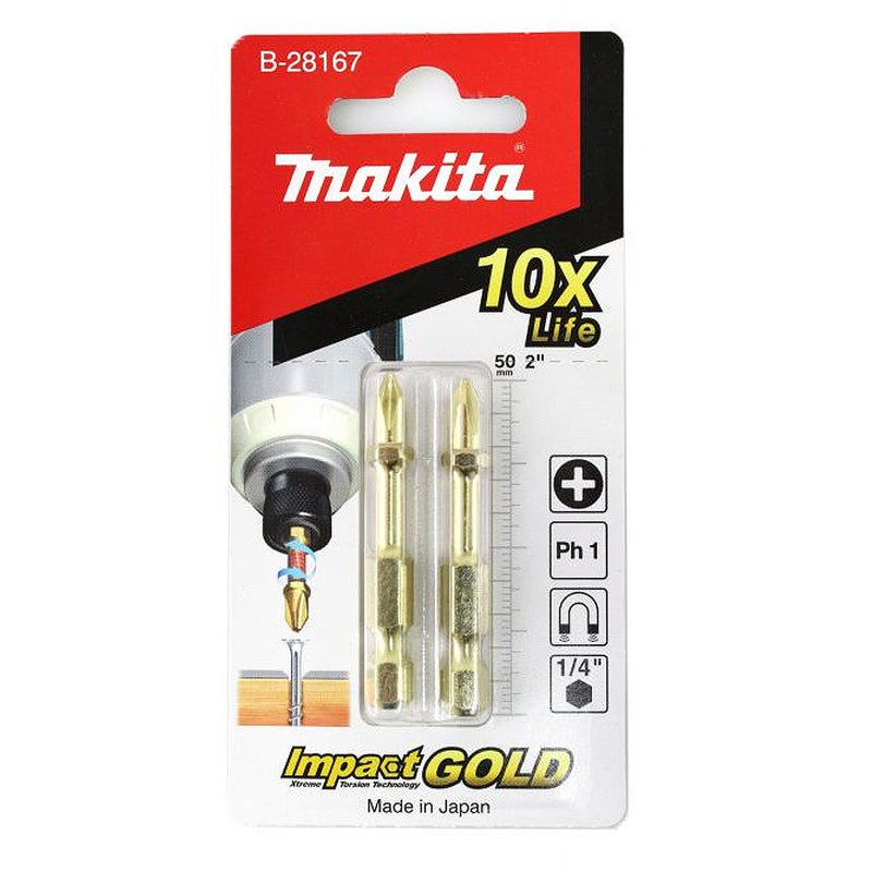 Vĩ 2 mũi vít bake Torsion Impact Gold Makita kích thước từ PH1 - PH3, chiều dài 50mm, đuôi lục giác 6.35mm (1/4 inch)