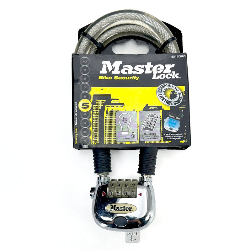 Ổ khóa dây 4 cọc số Master Lock 8213EURDPRO, dây khóa bằng sợi cáp thép cứng được bọc nhựa vinyl nhiều màu dài 60cm, có đèn sáng tại cọc số khi mở