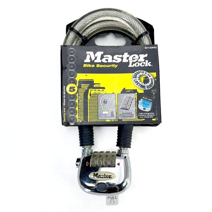 Ổ khóa dây 4 cọc số Master Lock 8213EURDPRO, dây khóa bằng sợi cáp thép cứng được bọc nhựa vinyl nhiều màu dài 60cm, có đèn sáng tại cọc số khi mở