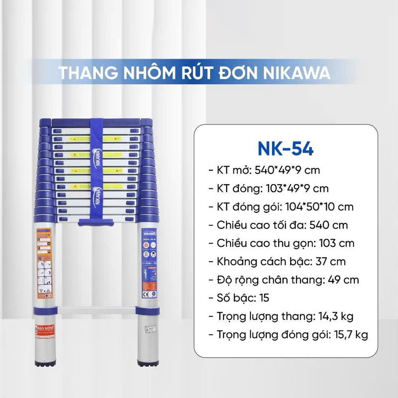 Thang nhôm rút đơn Nikawa NK, chiều cao tối đa từ 3.2m ~ 5.8m, số bậc thang từ 11 bậc ~ 15 bậc