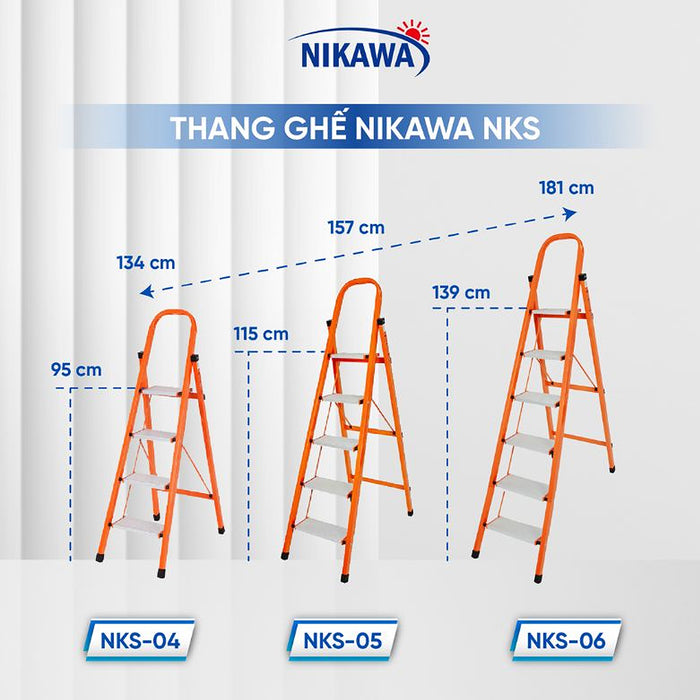 Thang ghế chữ A khung thép Nikawa NKS, chiều cao tối đa từ 1.3m ~ 1m8