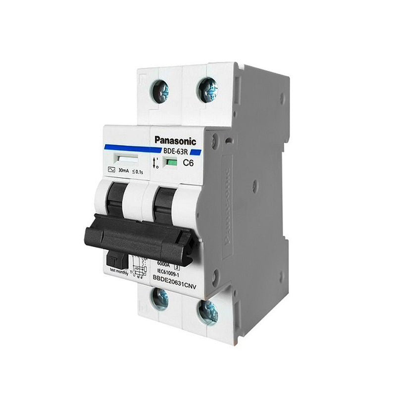 Cầu dao chống giật RCBO Panasonic có bảo vệ quá tải, ngắn mạch và chống rò, lắp thanh ray, tải định mức từ 6A ~ 63A, dòng rò 30mA, dòng cắt 6kA