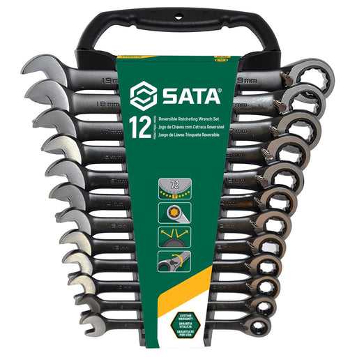 Bộ cờ lê vòng miệng tự động SATA ST08044B 12 chi tiết, 8-19mm, thép Cr-V, bánh cóc 72T.