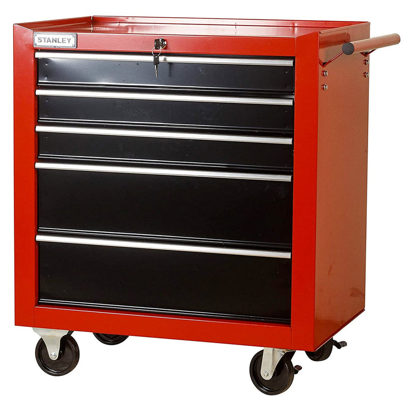 Tủ đựng dụng cụ 5 ngăn kéo Stanley 96-223L khung thép màu đỏ đen ray trượt mở toàn phần kèm khóa trung tâm và bánh xe phanh