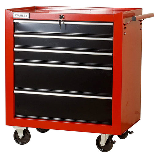 Tủ đựng dụng cụ 5 ngăn kéo Stanley 96-223L khung thép màu đỏ đen ray trượt mở toàn phần kèm khóa trung tâm và bánh xe phanh