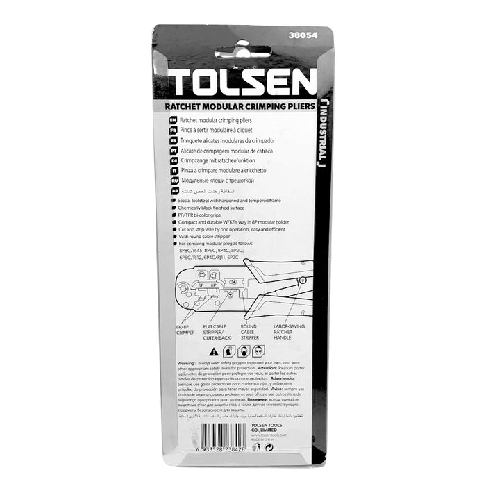 Kìm bấm line công nghiệp 185mm/7.3 inch (8P/6P) TOLSEN 38054, khung thép cứng, mạ đen, tay cầm nhựa PP/TPR