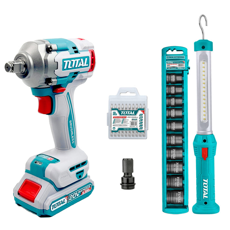 Bộ combo máy siết bu lông cốt 1/2 inch dùng Pin 20V không chổi than, kèm đèn làm việc Total TOSLI23048