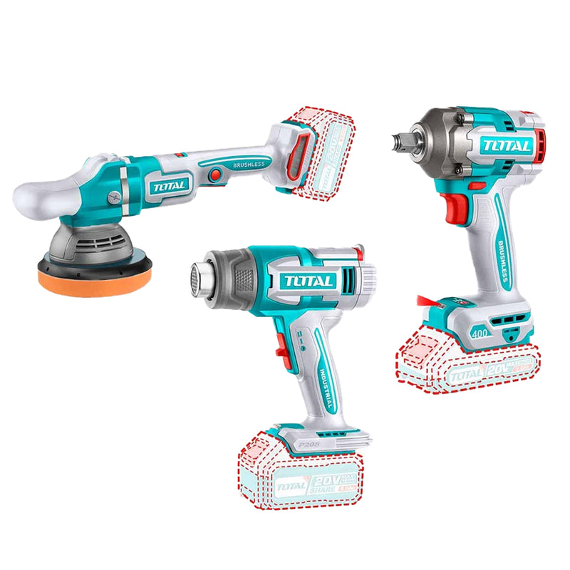 Bộ combo máy thổi nhiệt, máy đánh bóng đường kính đĩa 6 inch (150mm) và máy siết bu lông cốt 1/2 inch Total TOSLI240863 dùng Pin 20V