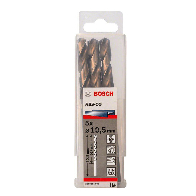 Hộp 5 mũi khoan Inox HSS-Co Bosch đường kính mũi từ 8mm - 13mm, đuôi trơn (Tiêu chuẩn DIN 338)