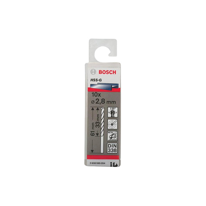 Hộp 10 mũi khoan sắt HSS-G Bosch đường kính 2.8mm - 3mm, chiều dài 61mm, đuôi trơn (Tiêu chuẩn DIN 338)