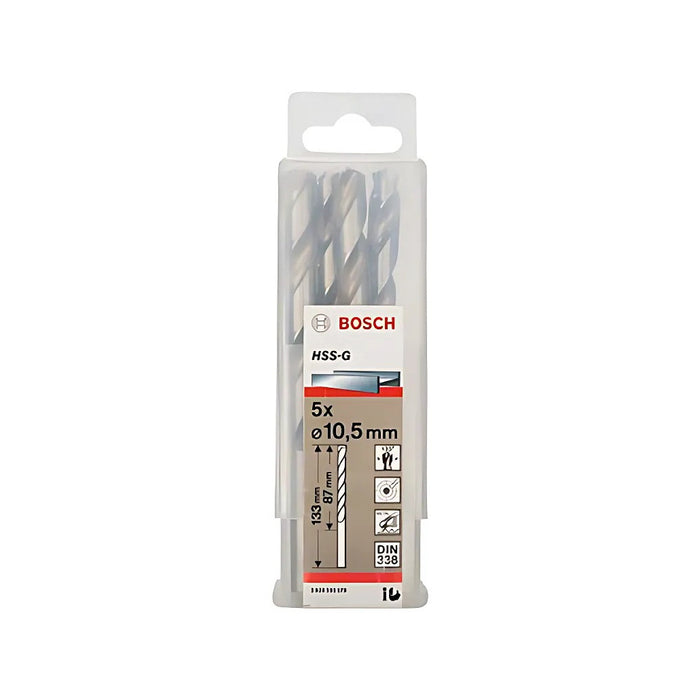 Hộp 5 mũi khoan sắt HSS-G Bosch đường kính từ 9.8mm - 10.5mm, chiều dài 133mm, đuôi trơn (Tiêu chuẩn DIN 338)