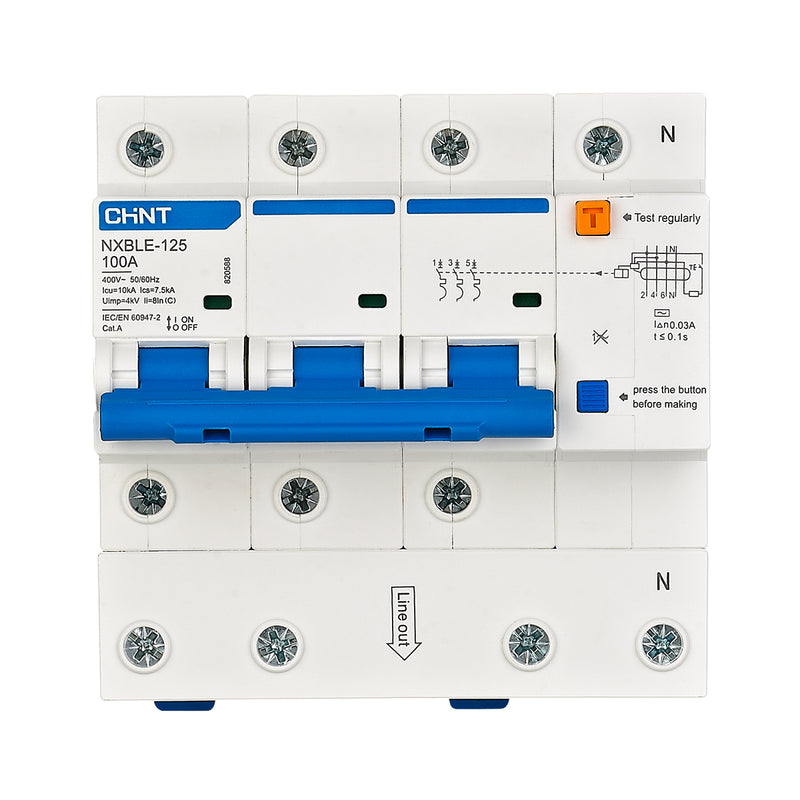Cầu dao chống giật kết hợp với bảo vệ quá tải, ngắn mạch Chint NXBLE-125 series, tải định mức từ 63A ~ 125A, dòng cắt 10kA, dòng rò từ 30mA ~ 300mA 
