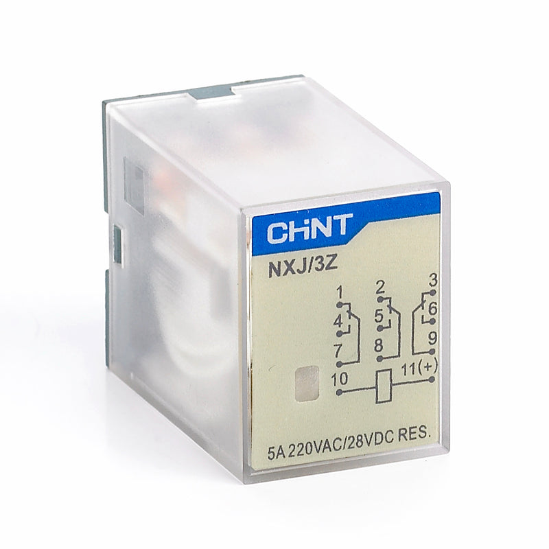 Rờ le kiếng chân dẹp Chint NXJ series. kiểu ghim vào chân đế. Có đèn báo tín hiệu. Tiêu chuẩn CE