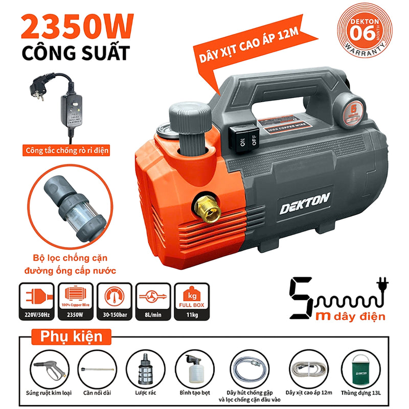 Máy xịt rửa chỉnh áp Dekton DK-CWR2350PRO công suất 2350W, áp lực tối đa 150bar, có công tắc chống rò rỉ điện