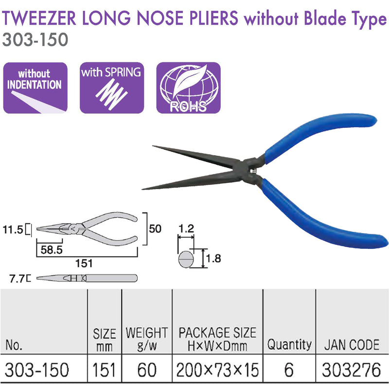 Kìm nhọn mũi thẳng (Không lưỡi cắt) Fujiya 303-150, kích thước 151mm. Tiêu chuẩn RoHS