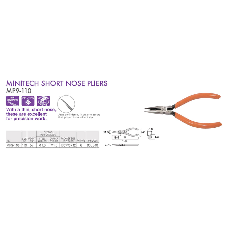 Kìm mũi nhọn mini, có lò xo trợ lực, hàm kẹp răng cưa Fujiya MP9-110 kích thước 110mm