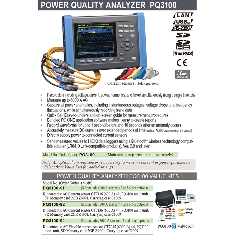 Thiết bị phân tích chất lượng nguồn điện Hioki PQ3100 True RMS, màn hình LCD 6.5 inch, có nhiều cổng kết nối LAN, USB, RS-232C