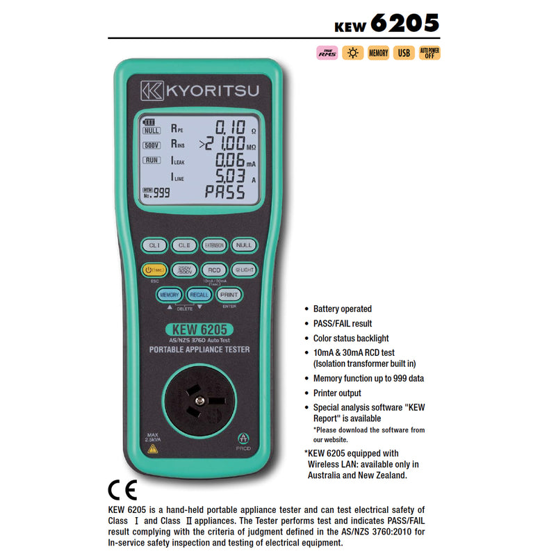 Thiết bị kiểm tra điện trở cách điện cho thiết bị di động Kyoritsu Kew 6205 True RMS, có cổng kết nối USB